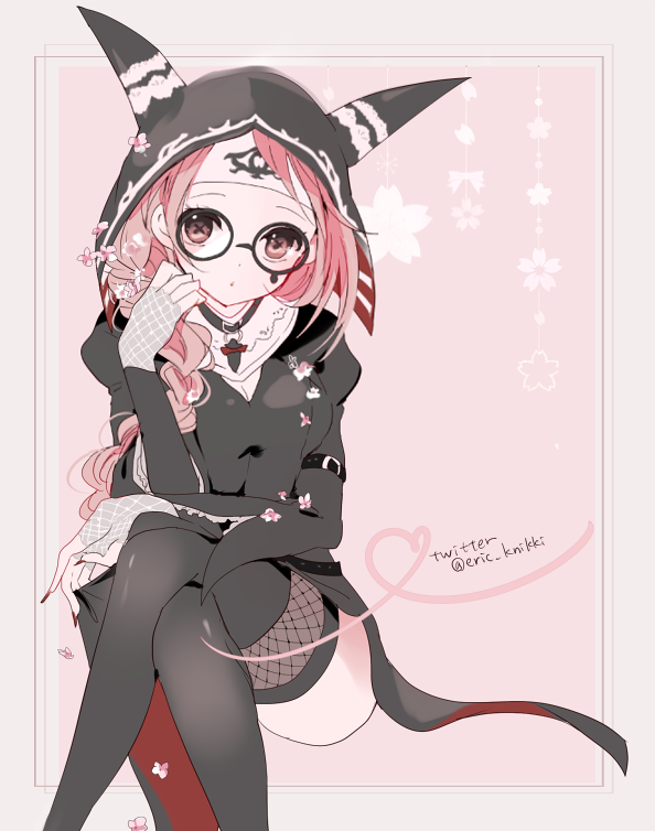 1girl, artist_name, black_dress, black_legwear, braid, braided_ponytail, cherry_blossoms, divine_light_(identity_v)