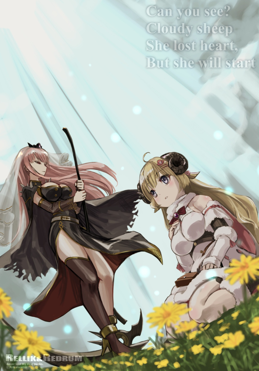 2girls, bangs, black_dress, blonde_hair, blush, bracer, breasts, cape