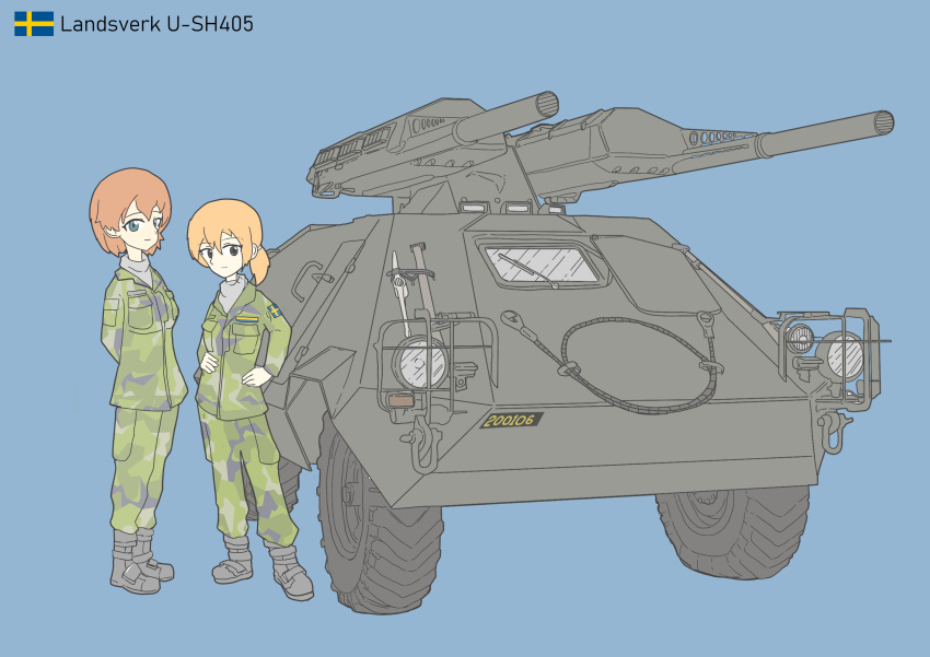 2girls, absurdres, armored_car, armored_vehicle, arms_behind_back, bangs, blonde_hair, blue_eyes