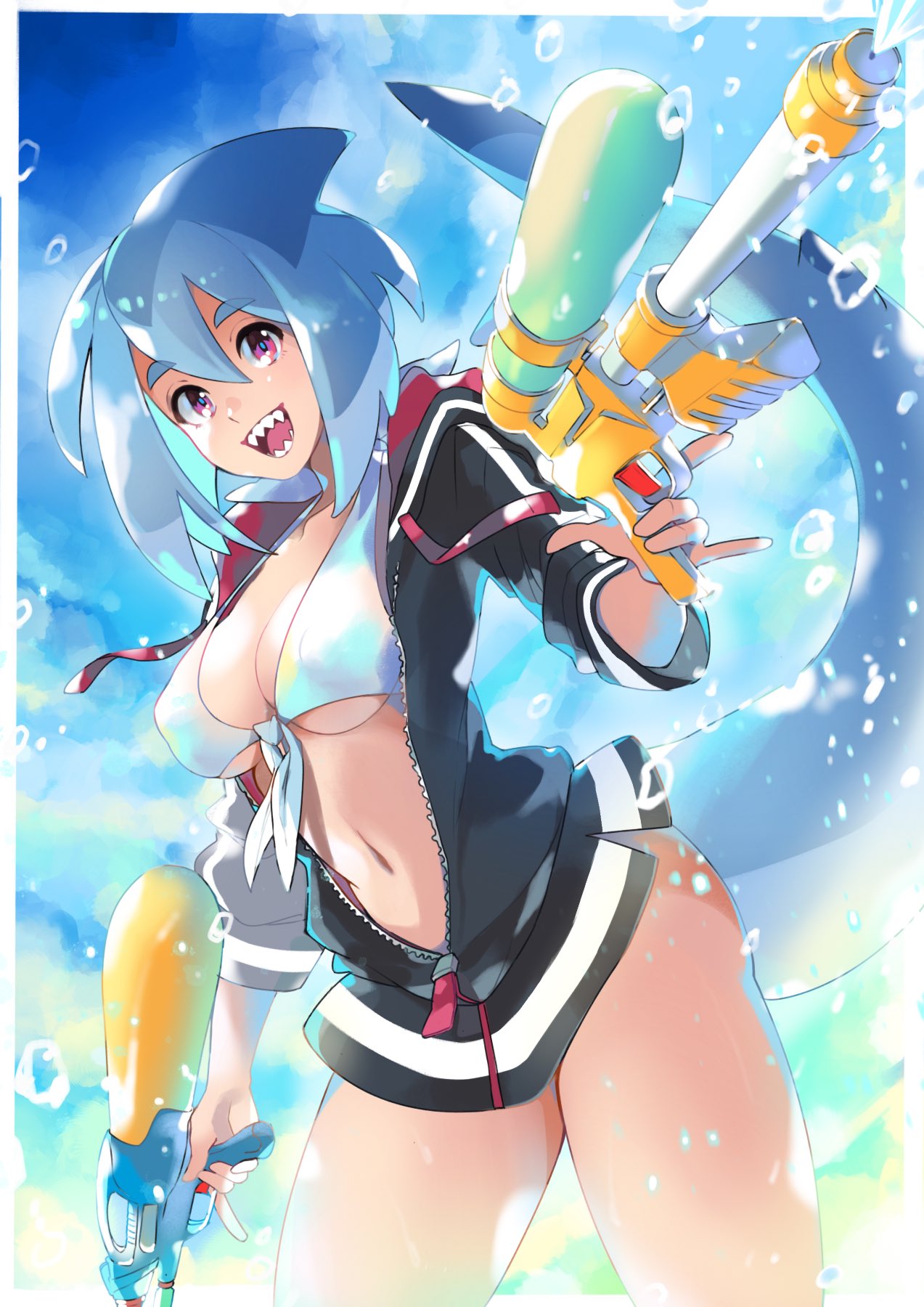 1girl, azuumori, bikini, bikini_under_clothes, black_jacket, blue_hair, blue_sky, clouds