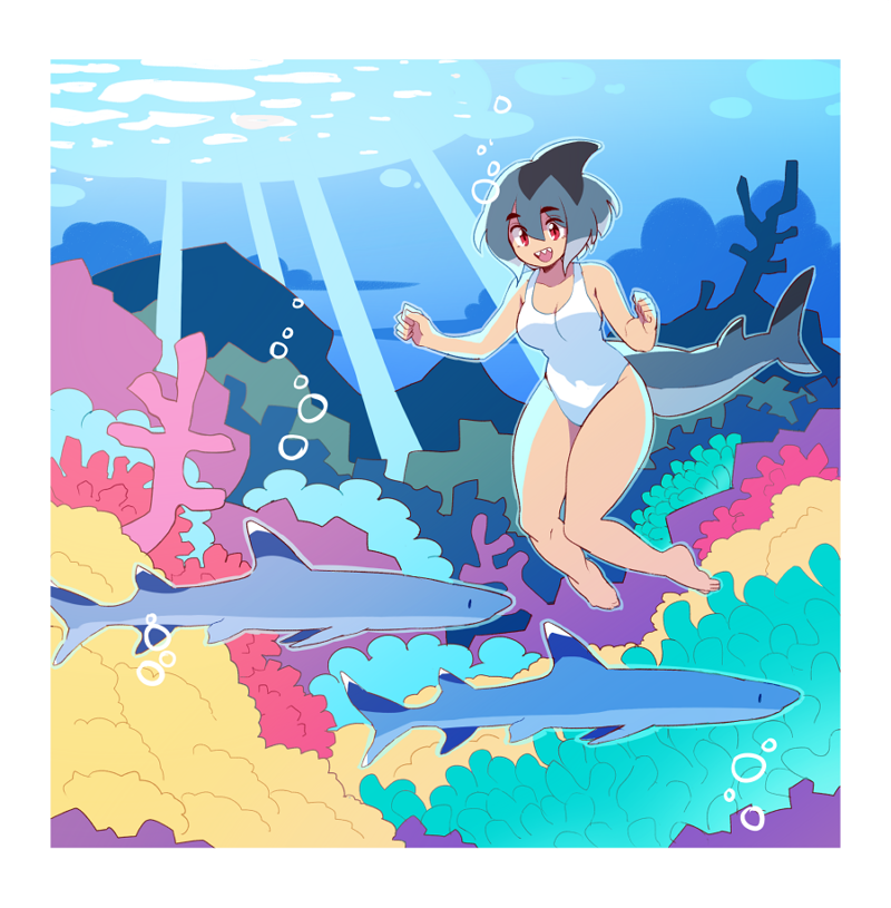 1girl, azuumori, bare_legs, barefoot, blue_hair, border, bubble, coral