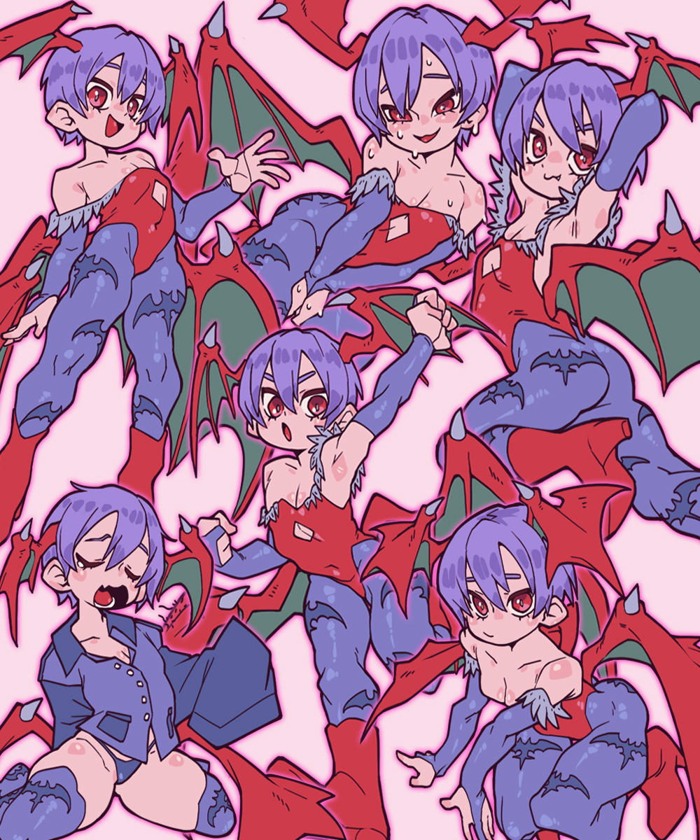 1girl, animal_print, armpits, arms_up, bare_shoulders, bat_print, blush, boots