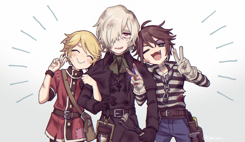 3boys, ;3, ;d, ^_^, albino, andrew_kreiss, arm_hug, artist_name, awkward, bag, bandaged_neck, bandages, belt, black_gloves, blonde_hair, blood, blood_stain, bloody_clothes, bloody_hands, blush, bright_pupils, brown_hair, bruise, bruised_eye, capelet, chain, chromatic_aberration, closed_eyes, closed_mouth, cross, cross_necklace, crying, crying_with_eyes_open, cuts, double_v, fang, film_grain, gloves, green_neckwear, hair_over_one_eye, hammer, holding, holding_shovel, hourglass, identity_v, injury, jewelry, leaning_on_person, locked_arms, long_sleeves, looking_at_viewer, luca_balsa, male_focus, messy_hair, multiple_boys, necklace, no_hat, no_headwear, one_eye_closed, open_mouth, popped_collar, prison_clothes, prisoner, red_eyes, scar, scar_on_cheek, scar_on_face, scar_on_nose, shirt, short_hair, shoulder_bag, shovel, simple_background, smile, stitched_mouth, stitches, striped, striped_shirt, symbol-shaped_pupils, takagiri, tears, twitter_username, v, victor_grantz, violet_eyes, white_background, white_gloves, white_hair, white_pupils