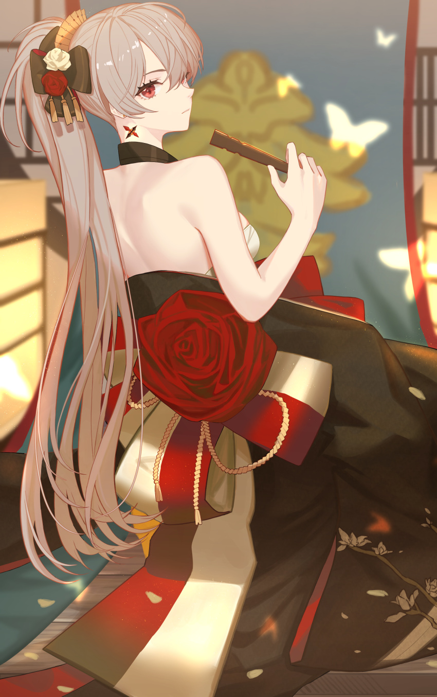 1girl, absurdres, architecture, azur_lane, backless_kimono, backless_outfit, black_kimono, earrings
