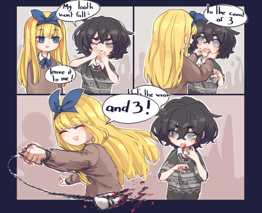 2girls, :d, black_hair, blind, blind_girl_(popopoka), blonde_hair, blood, blue_border
