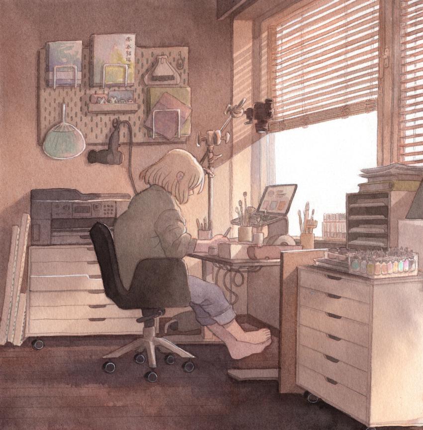 1girl, absurdres, art_supplies, barefoot, blinds, blue_pants, brown_shirt, brown_theme