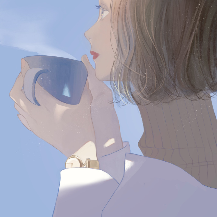 1girl, blowing, brown_hair, cup, hands_up, highres, holding, holding_cup, long_sleeves, mu_mashu, nordgreen, original, profile, short_hair, solo, steam, watch, watch