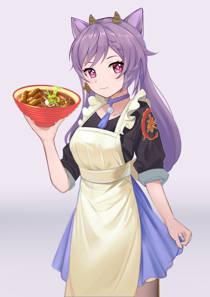 1girl, absurdres, alternate_costume, apron, bowl, collarbone, dress, food_request