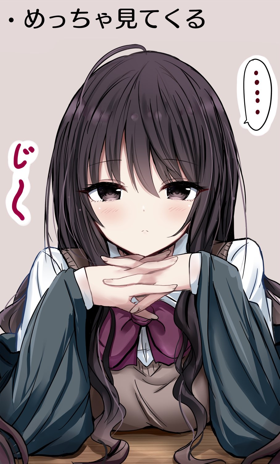 ..., 1girl, ahoge, bangs, beige_sweater, black_eyes, black_hair, blush