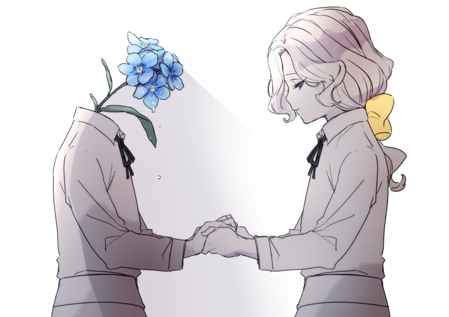 2boys, azanaya_nie, black_ribbon, blue_eyes, blue_flower, bow, brothers, child, claude_desaulniers, collared_shirt, flower, hair_bow, headless, holding_hands, identity_v, joseph_desaulniers, long_hair, long_sleeves, looking_down, low_ponytail, male_focus, multiple_boys, neck_ribbon, ponytail, ribbon, shirt, siblings, spot_color, twins, wet, white_background, yellow_bow, younger