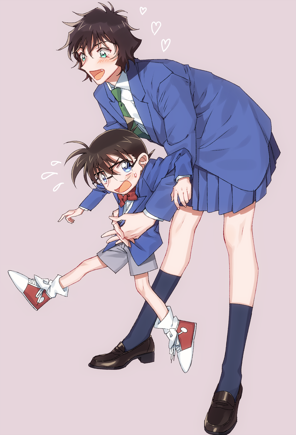 1boy, 1girl, :d, bangs, black-framed_eyewear, black_legwear, blazer, blue_eyes