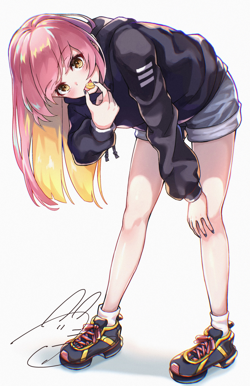 1girl, absurdres, bangs, bent_over, black_footwear, black_hoodie, black_nails, blonde_hair