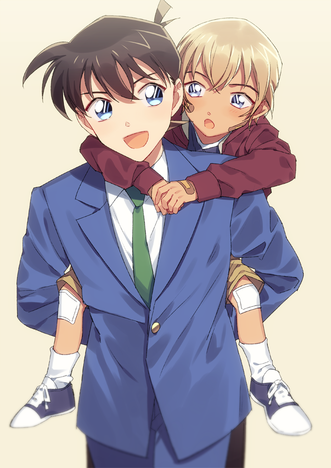 2boys, :d, :o, amuro_tooru, arms_around_neck, bandaid, bandaid_on_hand, bandaid_on_knee