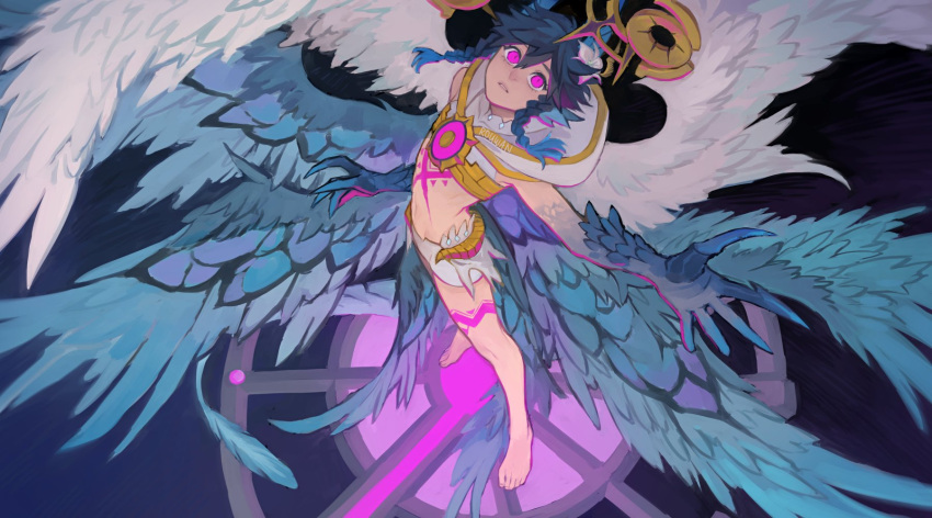 1boy, bare_shoulders, barefoot, blue_hair, body_markings, claws, corruption, dvalin_(genshin_impact)