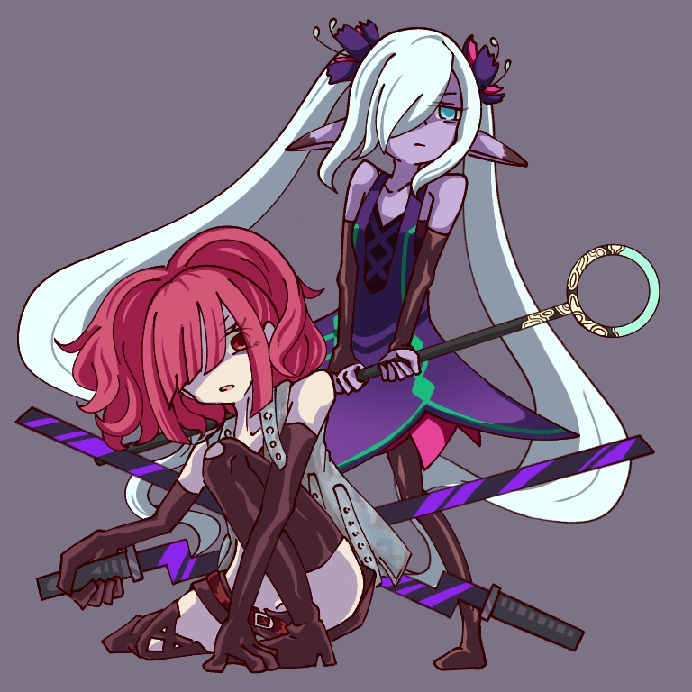 2girls, aqua_eyes, bare_shoulders, boots, colored_skin, dress, elbow_gloves, flower