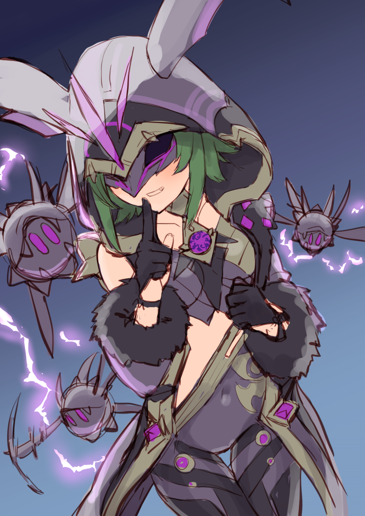 1girl, bangs, bare_shoulders, cloak, electro_cicin_mage_(genshin_impact), finger_to_mouth, fur_cuffs, gem
