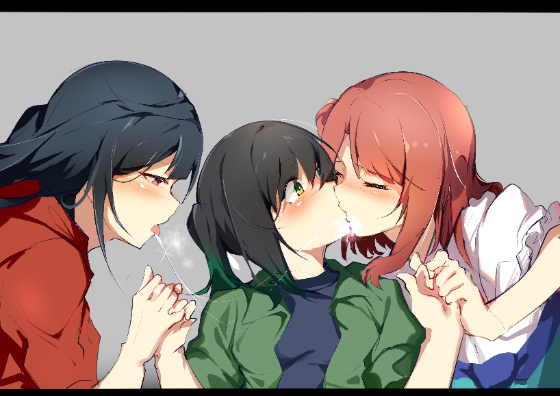 3girls, after_kiss, black_hair, blush, closed_eyes, commentary, green_eyes, green_hair