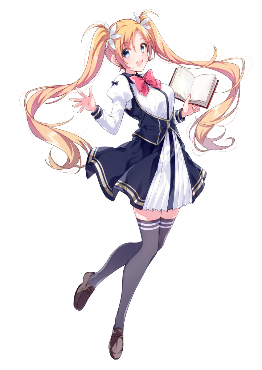 1girl, blonde_hair, blue_eyes, book, brown_footwear, dress, eyebrows_visible_through_hair, full_body