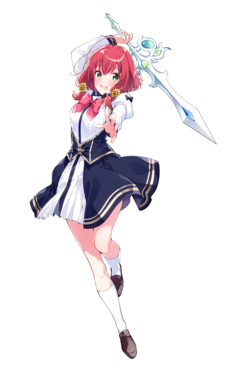 1girl, akatsuki_hinata, arm_up, bangs, blush, brown_footwear, dress, flower