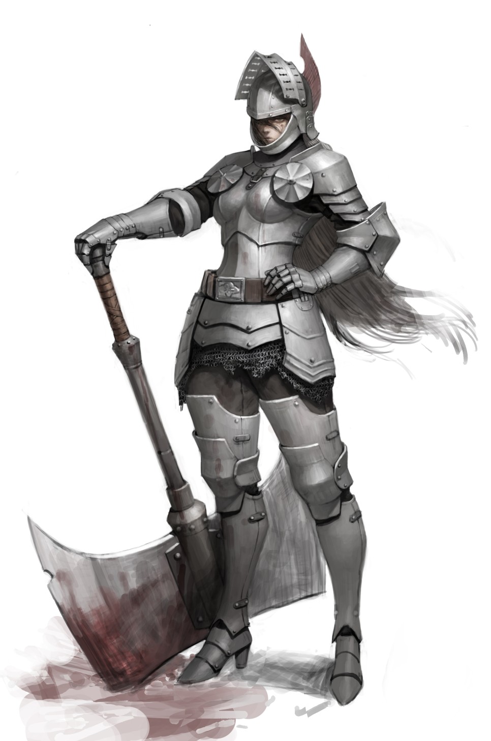 1girl, armor, axe, belt, black_hair, blood, bloody_clothes, bloody_weapon