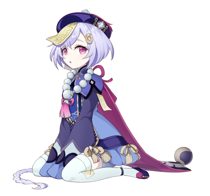 1girl, bead_necklace, beads, blue_footwear, coin, coin_hair_ornament, genshin_impact, hair_ornament, hat, highres, hnsx5778, jewelry, light_purple_hair, long_hair, necklace, parted_lips, pink_eyes, purple_hair, qiqi, simple_background, sitting, sleeves_past_fingers, sleeves_past_wrists, solo, talisman, thigh-highs, very_long_hair, vision_(genshin_impact), wariza, white_background, white_legwear