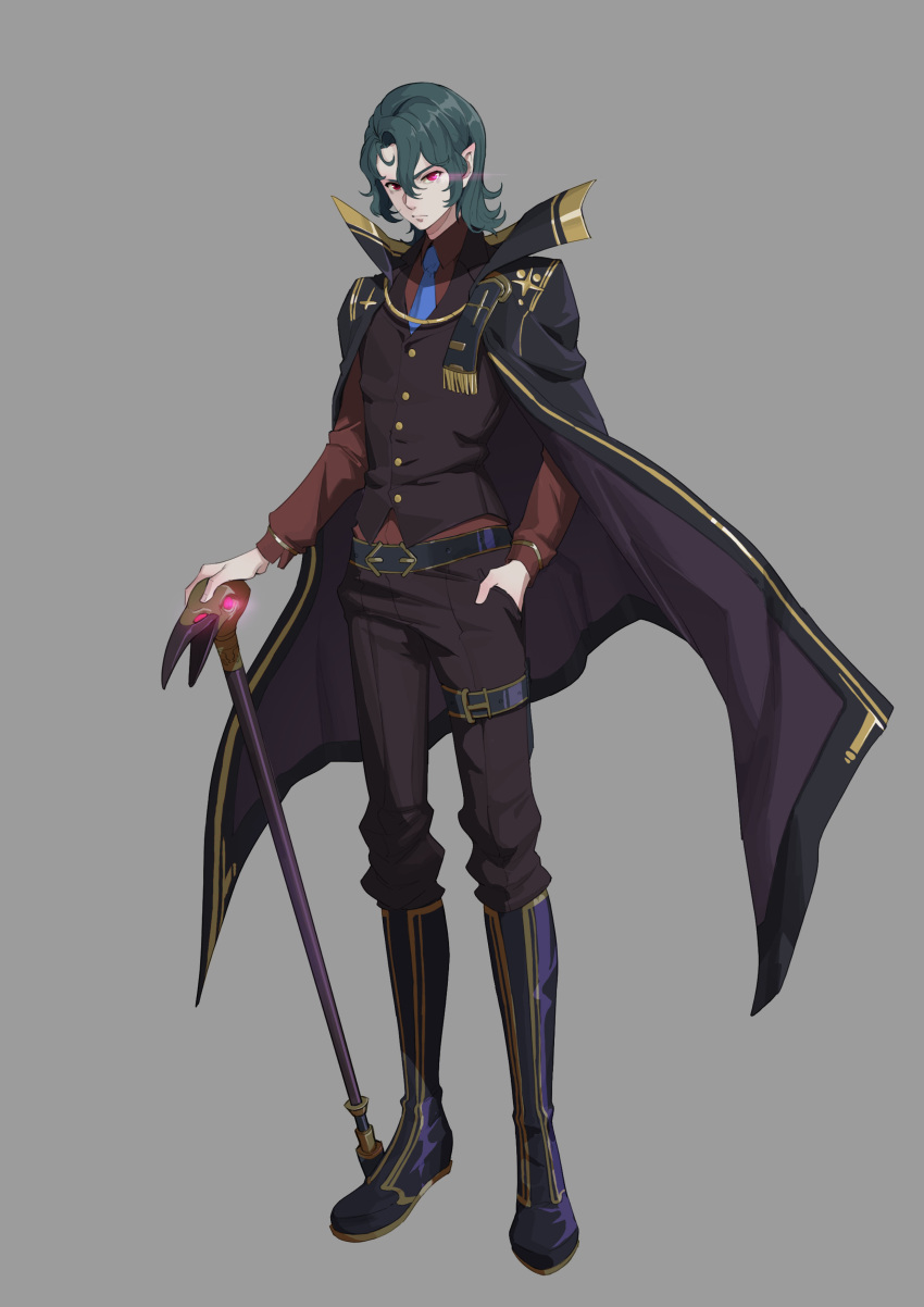 absurdres, belt, black_coat, blue_footwear, blue_neckwear, boots, cane, closed_mouth