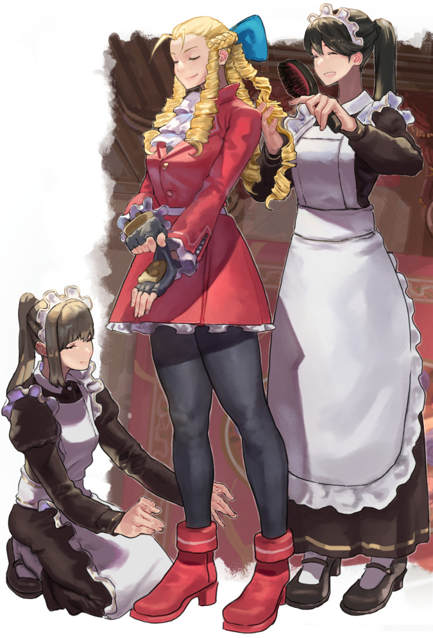 3girls, adjusting_clothes, adjusting_gloves, antenna_hair, apron, black_footwear, black_legwear, blonde_hair, blue_ribbon, closed_eyes, commentary_request, cravat, drill_hair, fingerless_gloves, gloves, hair_brush, hair_brushing, hair_ribbon, high_heels, highres, jacket, kanzuki_karin, kneeling, long_sleeves, maid, maid_apron, maid_headdress, mary_janes, multiple_girls, pantyhose, ponytail, red_footwear, red_jacket, red_skirt, ribbon, ringlets, shoes, skirt, smile, sora-bakabon, street_fighter, street_fighter_v, underskirt, white_legwear
