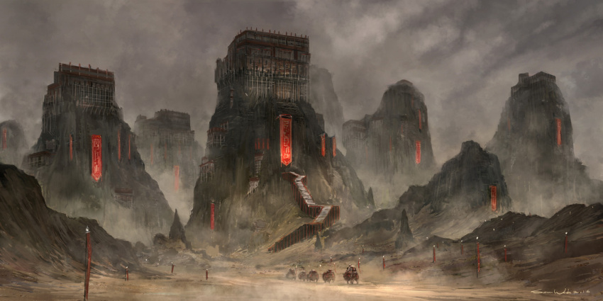 2others, banner, castle, dated, english_commentary, fantasy, full_body, grey_sky