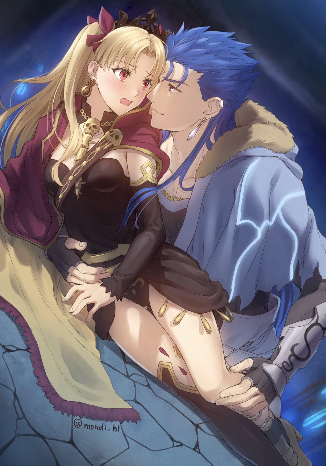 1boy, 1girl, bangs, blonde_hair, blue_hair, blush, breasts, cape