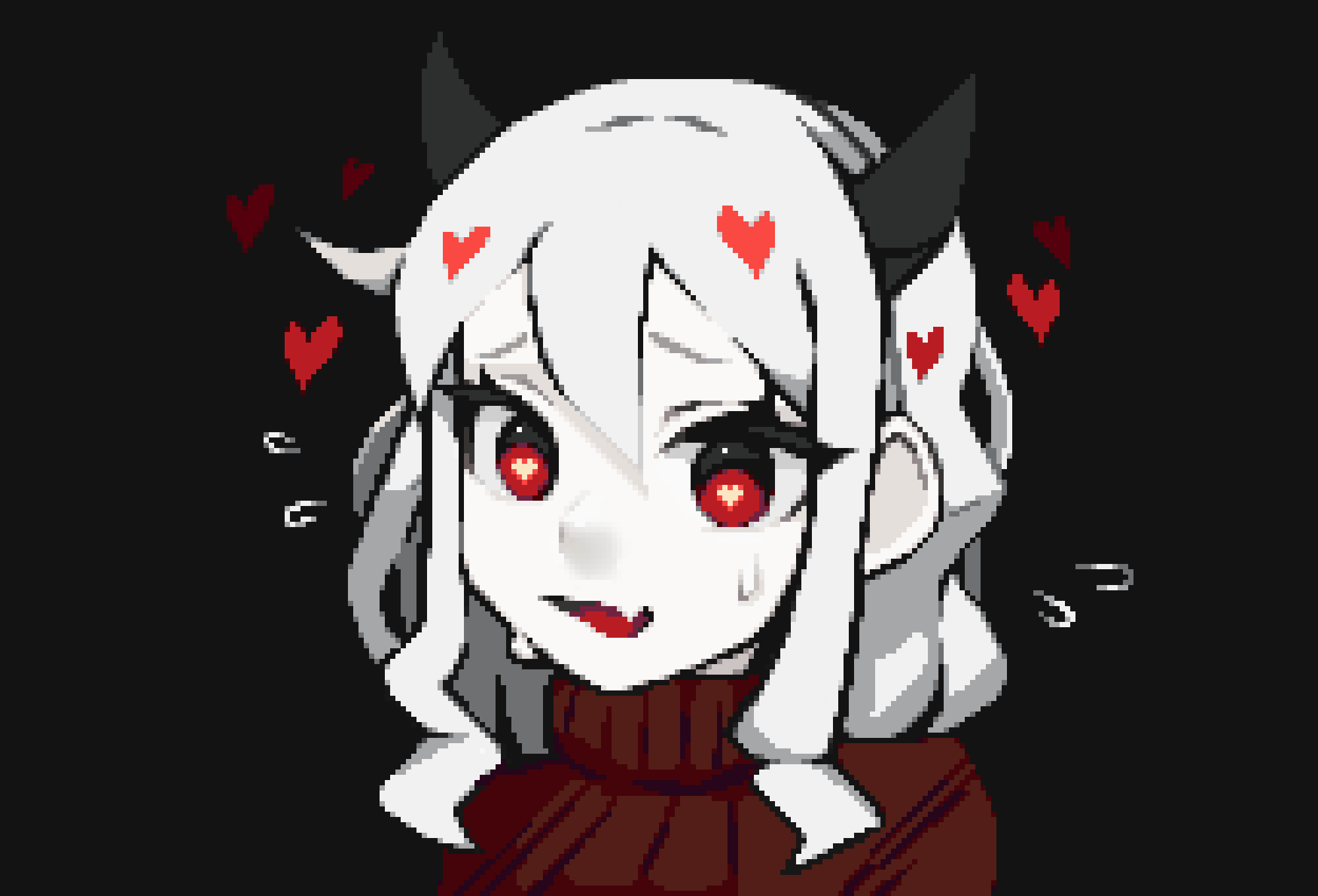 1girl, 98fumi, bangs, black_background, black_horns, brown_sweater, colored_skin, commentary, demon_girl, demon_horns, english_commentary, fang, hair_between_eyes, heart, heart-shaped_pupils, helltaker, highres, horns, looking_at_viewer, medium_hair, modeus_(helltaker), open_mouth, pixel_art, red_eyes, ribbed_sweater, sidelocks, simple_background, solo, sweat, sweater, symbol-shaped_pupils, turtleneck, turtleneck_sweater, upper_body, white_hair, white_skin