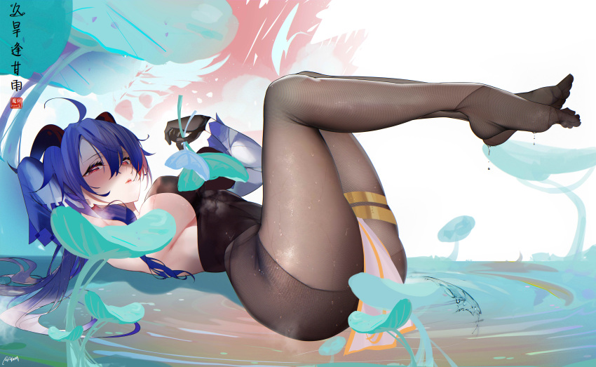 1girl, absurdres, ass, bare_shoulders, bell, black_bodysuit, black_gloves, blue_hair, bodystocking, bodysuit, brown_bodysuit, cowbell, feet, feet_up, ganyu_(genshin_impact), genshin_impact, gloves, goat_horns, highres, horns, leg_up, legs, looking_at_viewer, low_ponytail, omone_hokoma_agm, red_eyes, violet_eyes, wet, wet_clothes