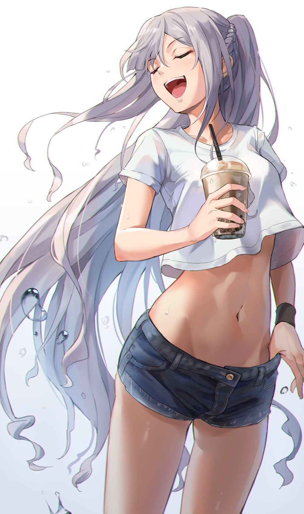 1girl, ak-12_(girls_frontline), alternate_costume, braid, closed_eyes, commentary_request, crop_top, cup