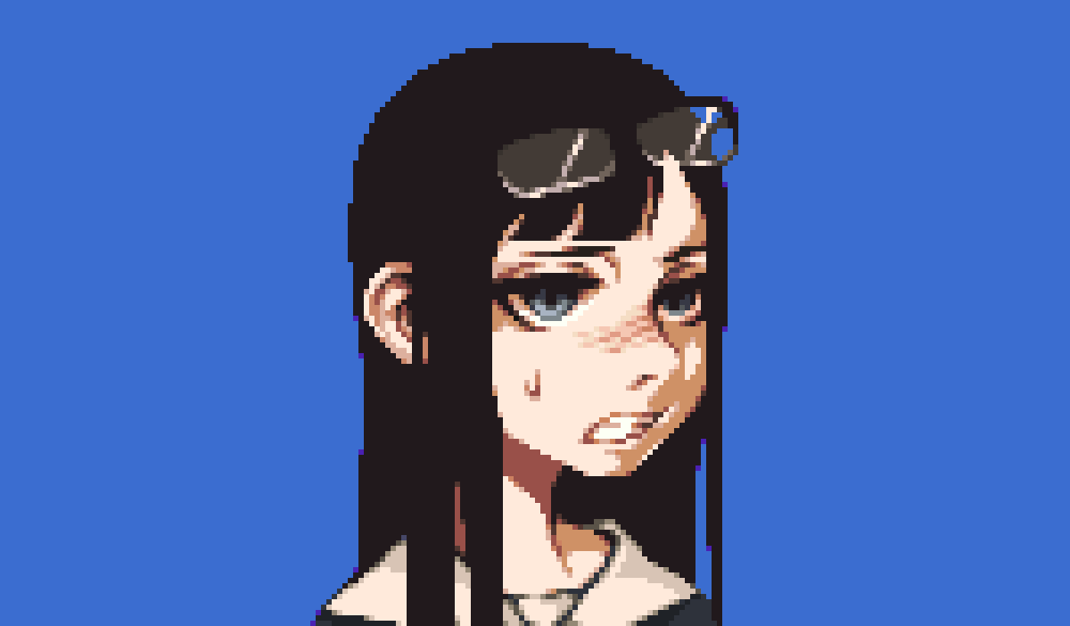 1girl, 98fumi, asymmetrical_bangs, bangs, black_hair, blue_background, blue_eyes, clenched_teeth