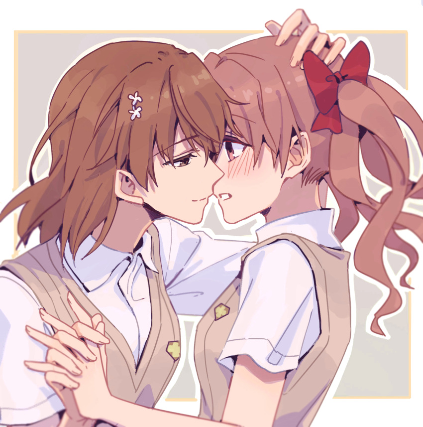2girls, blush, bow, brown_eyes, brown_hair, eyebrows_visible_through_hair, flower, hair_flower
