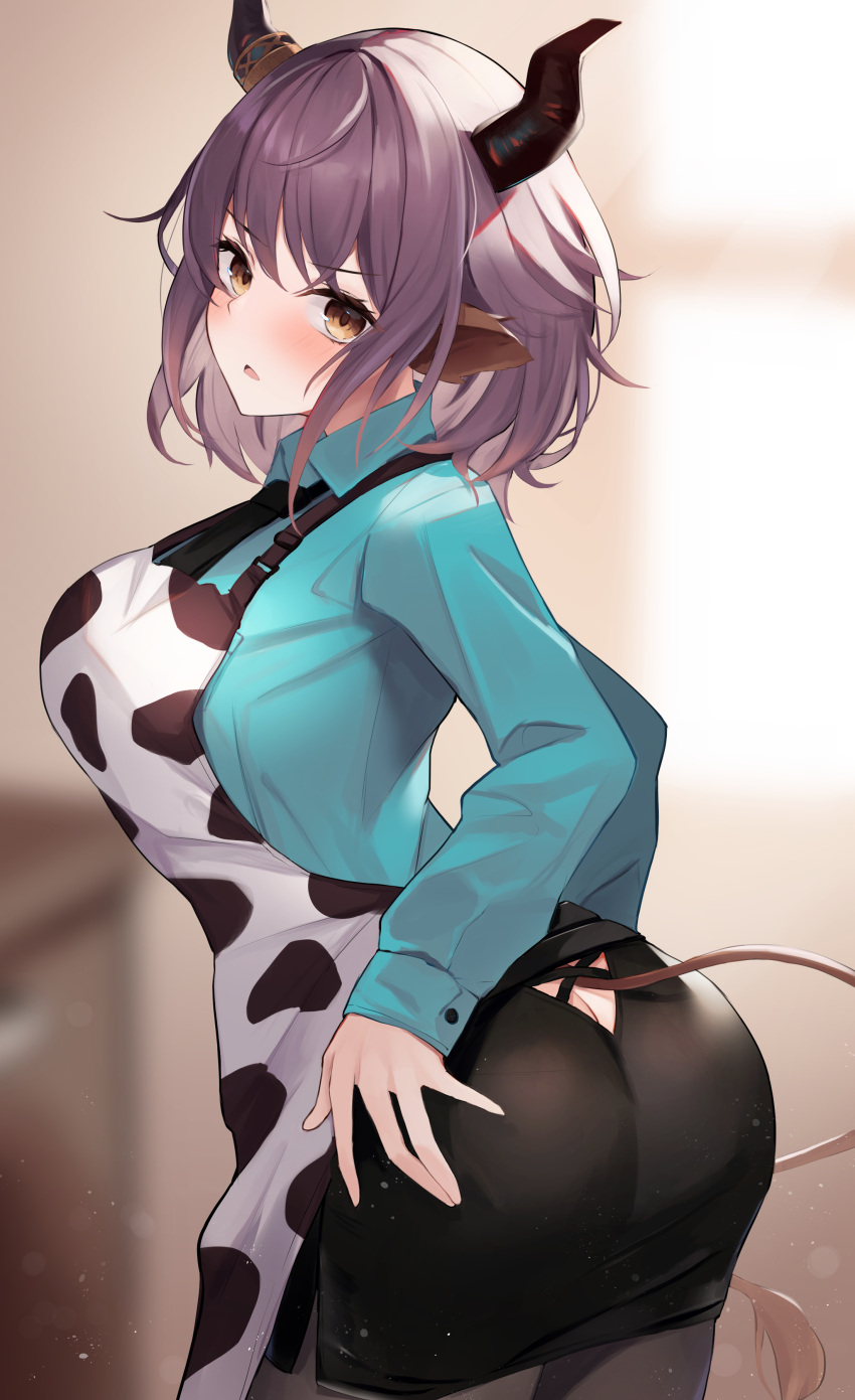 1girl, absurdres, animal_ears, animal_print, apron, aqua_shirt, arknights, ass, bangs, black_legwear, blush, breasts, brown_eyes, butt_crack, clothing_cutout, collared_shirt, cow_ears, cow_girl, cow_horns, cow_print, cow_tail, eyebrows_visible_through_hair, from_behind, hand_on_hip, highres, horns, large_breasts, leaning_forward, long_sleeves, looking_at_viewer, looking_back, miniskirt, mizu_(lzzrwi603), pantyhose, print_apron, purple_hair, shirt, side_slit, sideroca_(arknights), skirt, solo, tail, tail_cutout, v-shaped_eyebrows