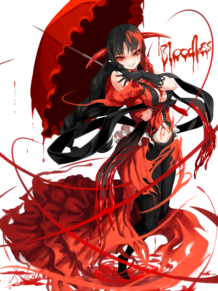 1girl, bare_shoulders, black_gloves, black_hair, blood, bloodless_(bloodstained), bloodstained:_ritual_of_the_night, breasts, character_name, corset, covered_nipples, dress, dripping, english_text, eyebrows_visible_through_hair, fang, gloves, highres, holding, holding_umbrella, horns, multicolored, multicolored_hair, navel, parted_lips, puddle, red_dress, red_eyes, red_horns, red_umbrella, redhead, signature, simple_background, solo, torn, torn_clothes, torn_dress, twintails, umbrella, usuki_(graygreed), white_background