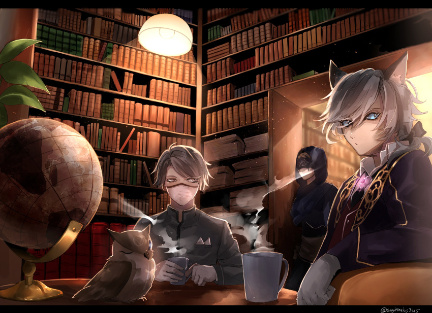 3boys, aesop_carl, animal, animal_ears, artist_name, bird, black_bow, blindfold, blue_capelet, blue_eyes, book, bookshelf, bow, breast_pocket, brown_hair, capelet, chair, coffee_mug, cup, eli_clark, eyebrows_visible_through_hair, globe, gloves, glowing, grey_eyes, grey_hair, hair_bow, highres, holding, hood, hood_up, hooded_capelet, identity_v, indoors, joseph_desaulniers, kukatsuma, lamp, light, long_sleeves, low_ponytail, male_focus, mask, medium_hair, moonlight_gentleman_(identity_v), mouth_mask, mug, multiple_boys, necktie, official_alternate_costume, one_eye_closed, owl, plant, pocket, ponytail, shirt, sideways_glance, sitting, surgical_mask, twitter_username, white_gloves, white_shirt