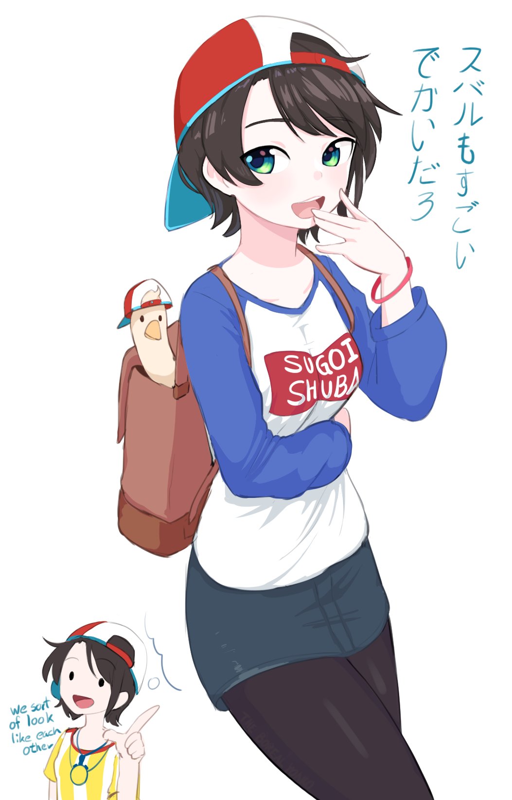 1girl, :d, backpack, backwards_hat, bag, black_hair, black_legwear, blue_skirt, bracelet, breasts, clothes_writing, cosplay, covering_mouth, eyebrows_visible_through_hair, green_eyes, hand_over_own_mouth, hand_up, hat, highres, hololive, jewelry, looking_at_viewer, medium_breasts, miniskirt, multiple_views, oozora_subaru, open_mouth, pantyhose, raglan_sleeves, shirt, short_hair, skirt, smile, subaru_duck, sugoi_dekai, translation_request, uzaki-chan_wa_asobitai!, uzaki_hana, uzaki_hana_(cosplay), white_background, white_shirt, yoako