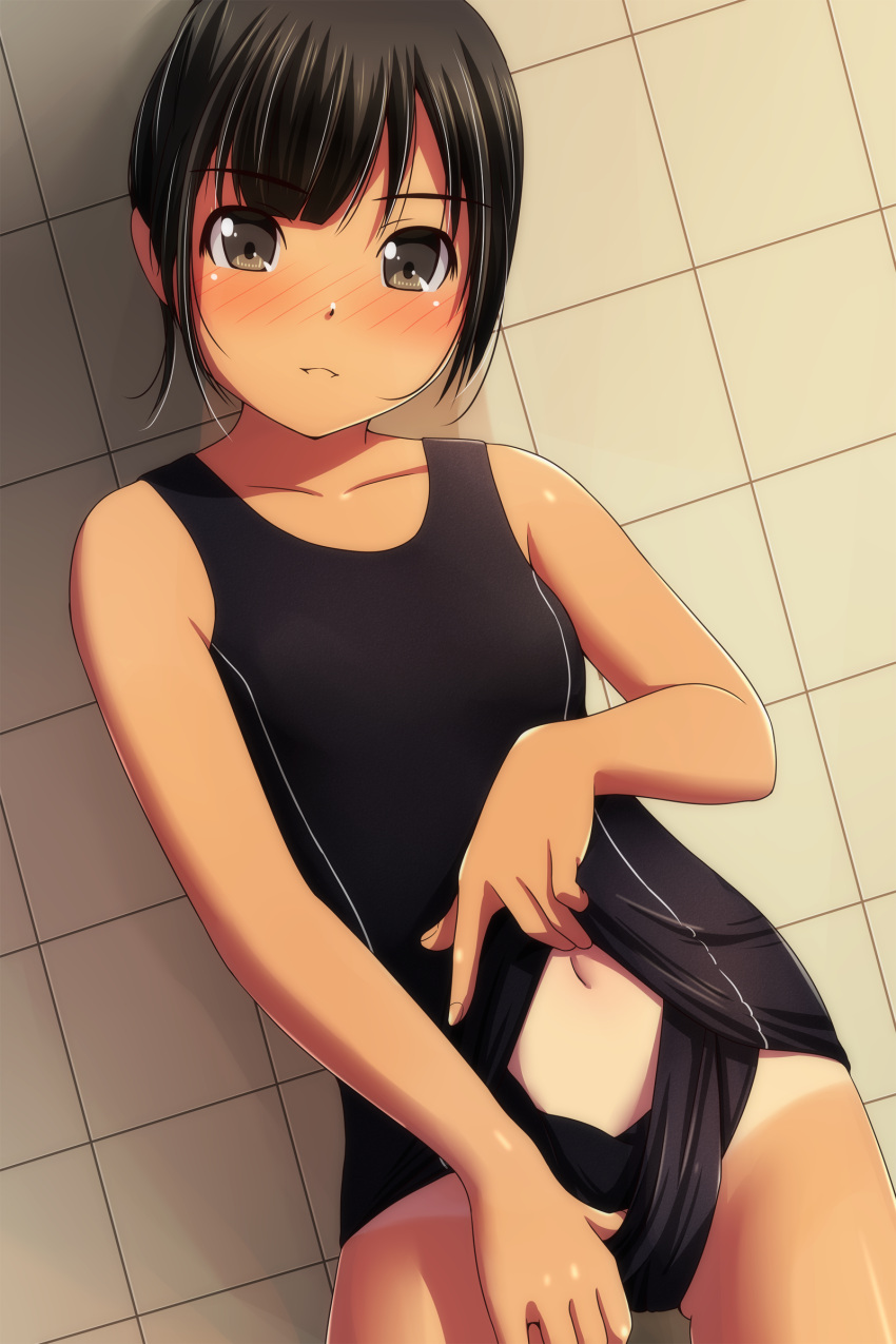 1girl, absurdres, ass_visible_through_thighs, bangs, bare_arms, bare_shoulders, black_hair, black_swimsuit, blush, breasts, brown_eyes, collarbone, cowboy_shot, eyebrows_visible_through_hair, highres, looking_at_viewer, matsunaga_kouyou, navel, nose_blush, one-piece_swimsuit, one-piece_tan, original, parted_lips, school_swimsuit_flap, small_breasts, solo, swimsuit, tan, tanline, tile_wall, tiles