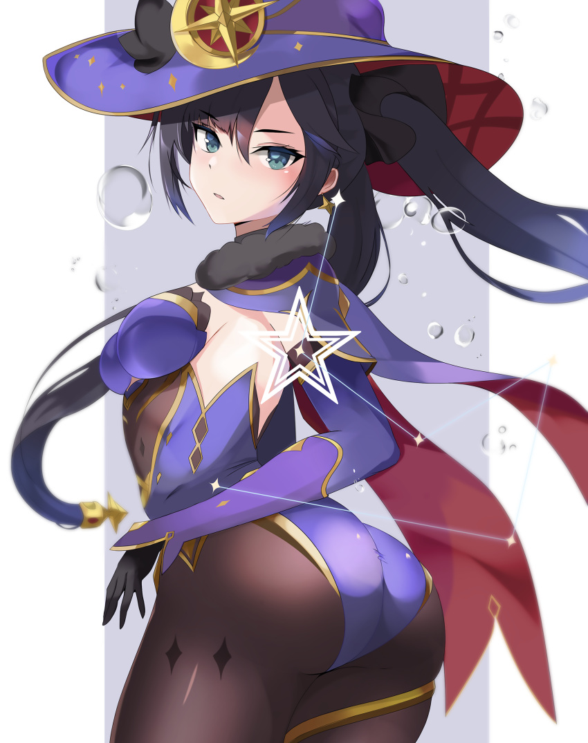 1girl, absurdres, aqua_eyes, ass, black_legwear, breasts, bubble, cape