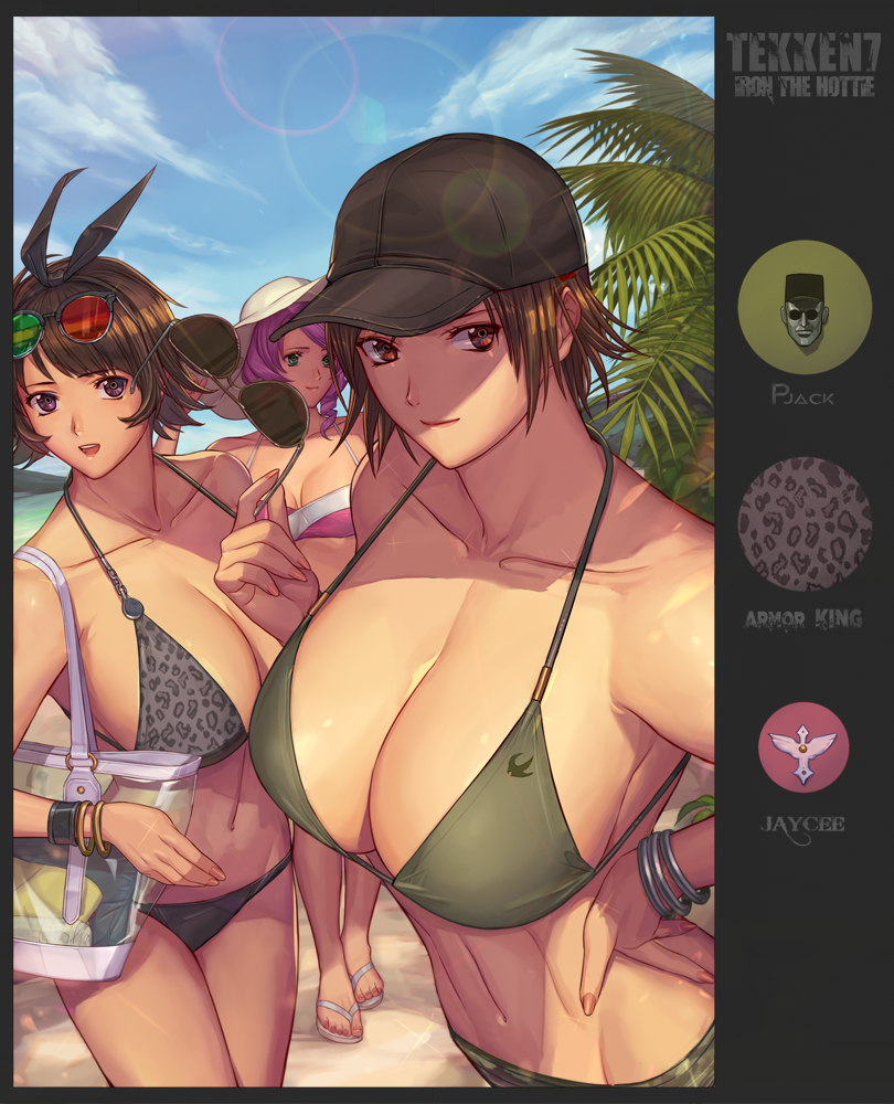 3girls, alisa_boskonovich, bag, bare_shoulders, bikini, black_bikini, breasts, brown_eyes
