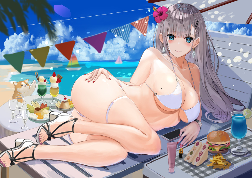1girl, absurdres, aqua_eyes, ass, bangs, beach, beach_chair, beach_umbrella