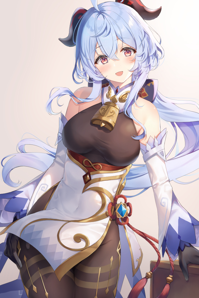 1girl, :d, bare_shoulders, bell, blue_hair, blush, bodysuit_under_clothes, bow