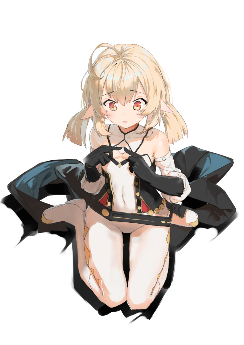 1girl, absurdres, ahoge, bare_shoulders, black_gloves, blonde_hair, cosplay, detached_collar, detached_sleeves, genshin_impact, gloves, highres, jean_(genshin_impact), jean_(genshin_impact)_(cosplay), klee_(genshin_impact), long_sleeves, pants, pointy_ears, red_eyes, simple_background, solo, user_trzp2584, white_background, white_legwear