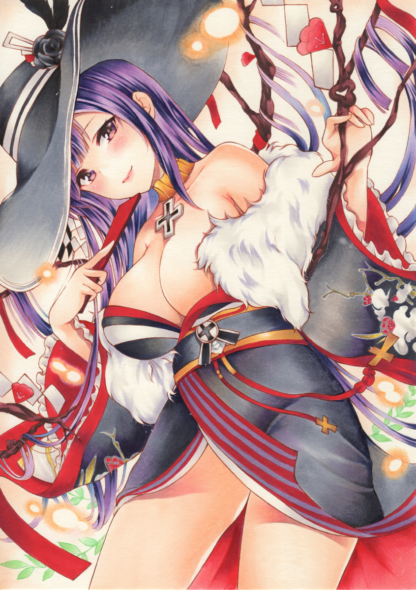 1girl, azur_lane, bare_shoulders, black_headwear, black_kimono, black_sash, breasts, closed_fan