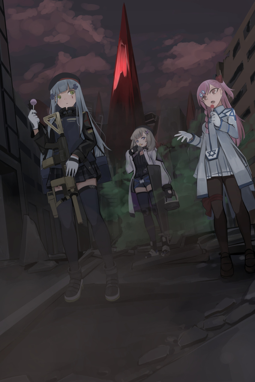 3girls, aa-12_(girls_frontline), assault_rifle, beret, boots, candy, chcn, city