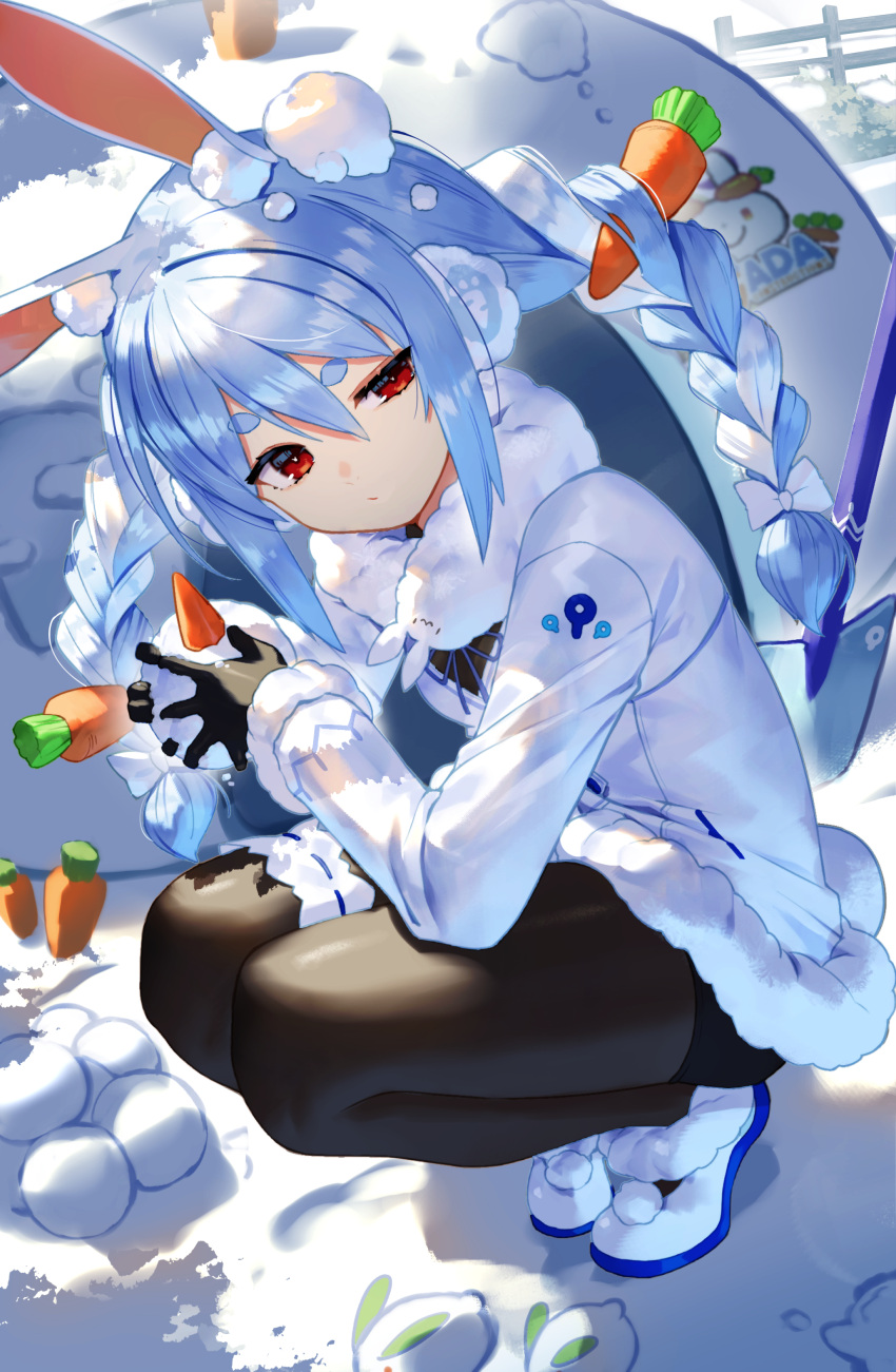 1girl, absurdres, animal_ear_fluff, animal_ears, black_legwear, blue_hair, braid, bunny-shaped_pupils