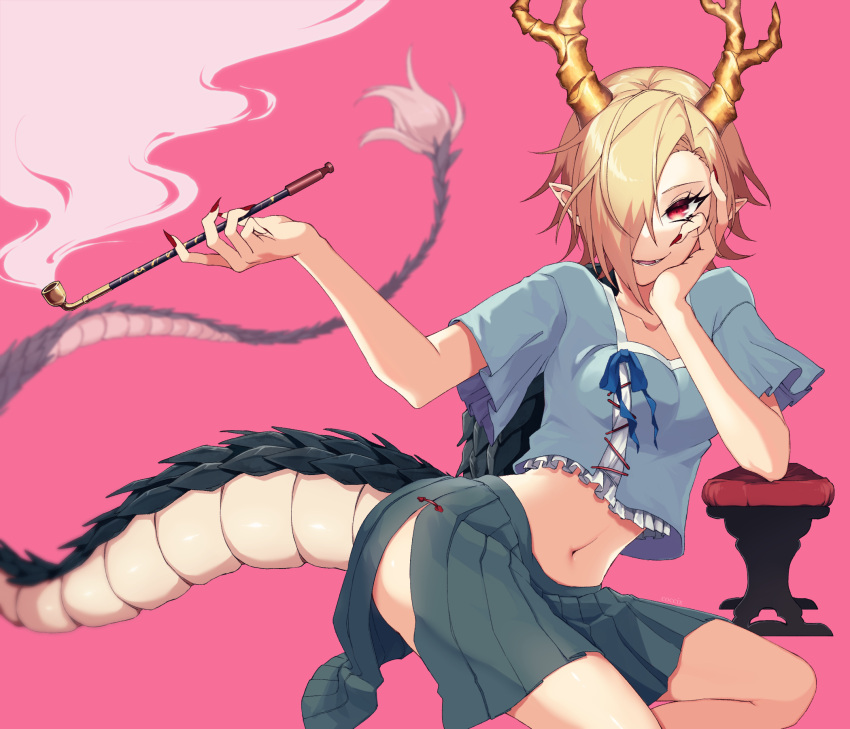 1girl, blonde_hair, blue_shirt, commentary_request, dragon_horns, dragon_tail, elbow_rest, fingernails