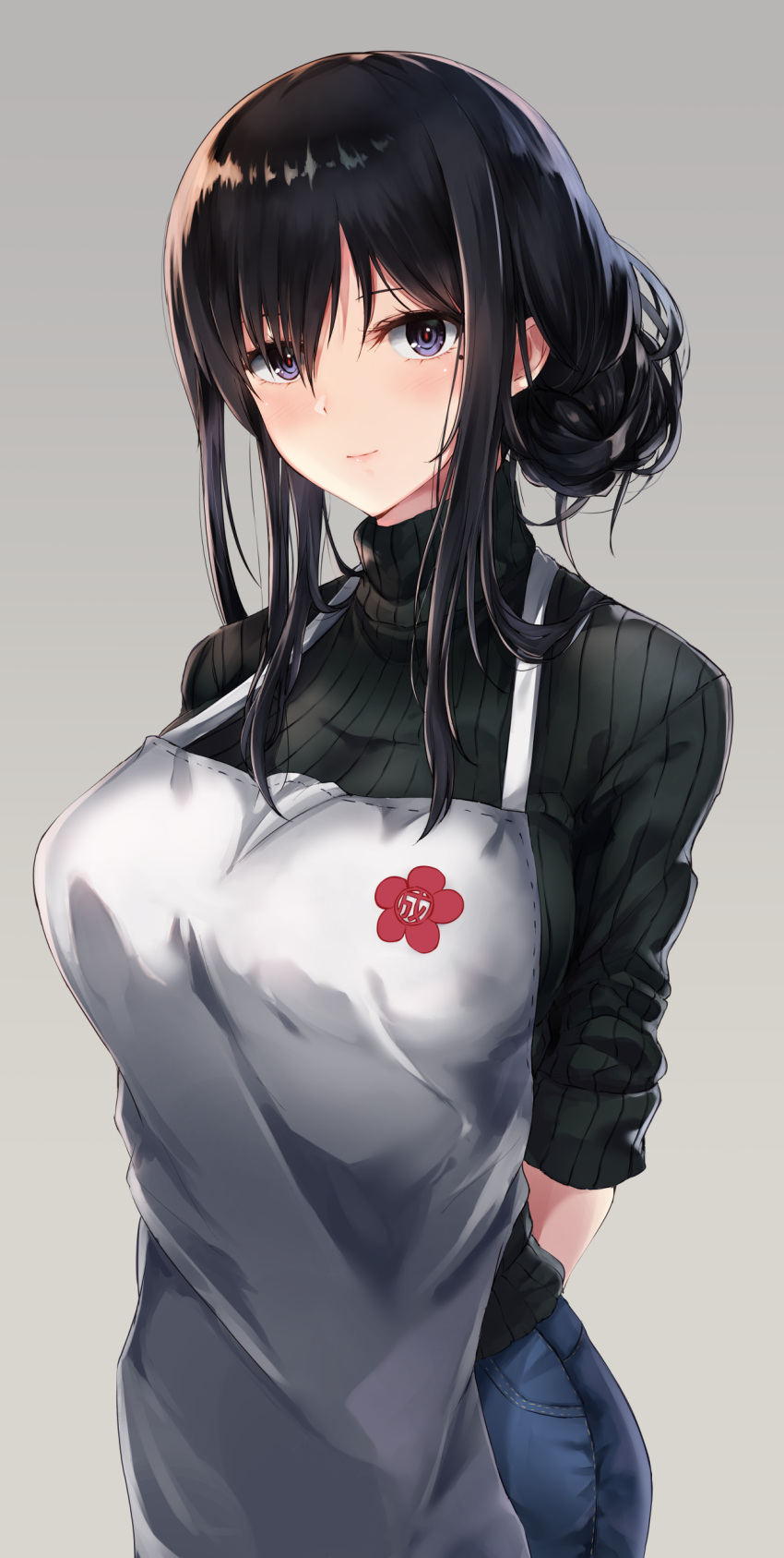 1girl, absurdres, alice_gear_aegis, apron, arms_behind_back, bangs, black_hair, black_sweater