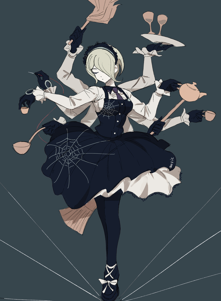 1girl, arms_up, black_dress, black_footwear, black_gloves, black_legwear, closed_mouth, commentary